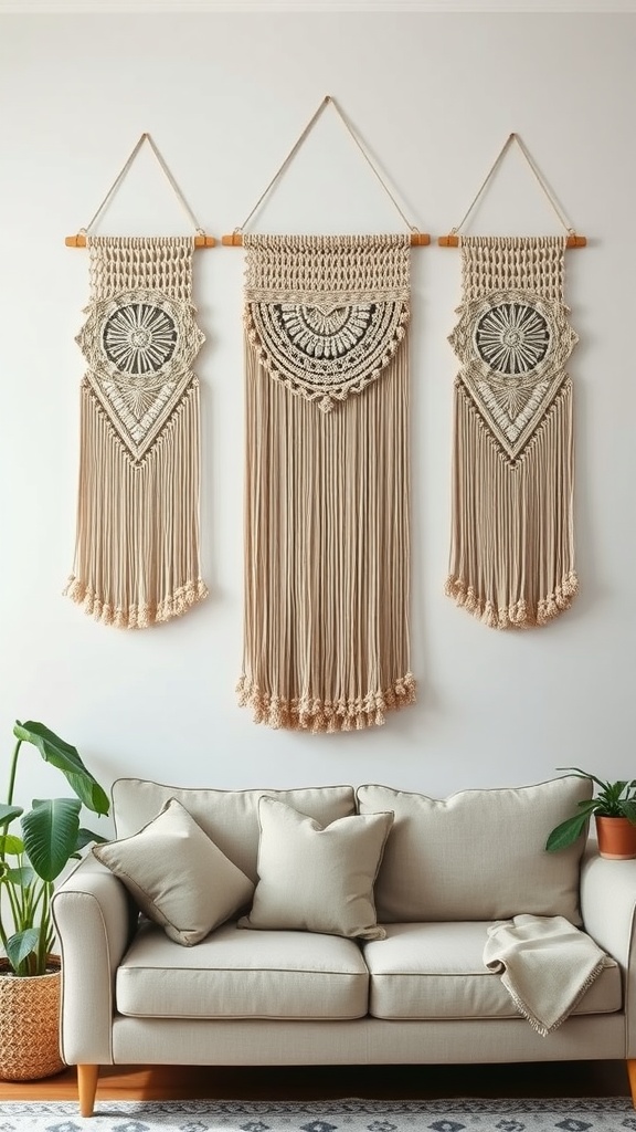 A cozy living room featuring macrame wall hangings above a light-colored sofa.