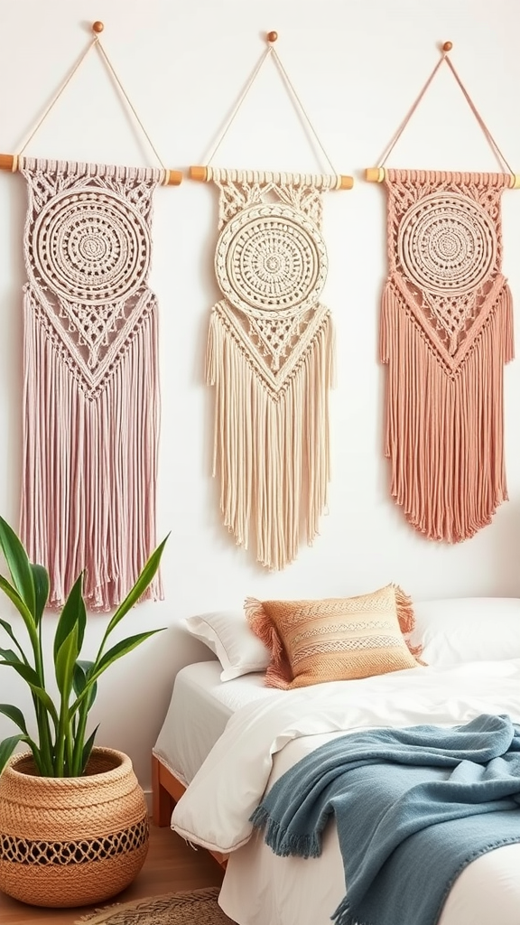 A beautiful display of three macrame wall hangings in soft colors, complemented by a cozy bedroom setting.