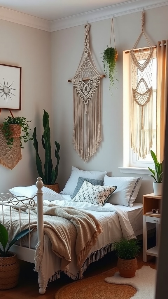 A cozy dorm room featuring macrame wall hangings, plants, and a neatly made bed.