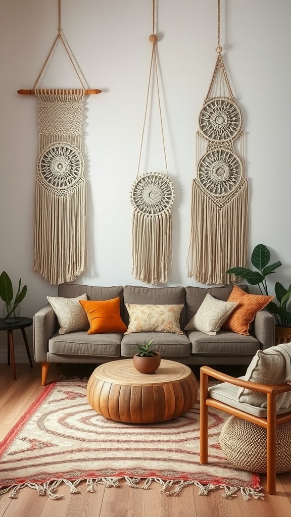 A cozy living room featuring macrame wall hangings, a comfortable gray sofa with colorful cushions, and a round wooden coffee table.