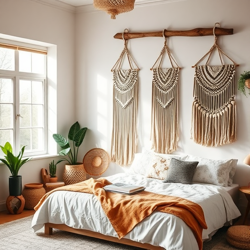 A cozy bedroom featuring macrame wall hangings, plants, and warm colors.