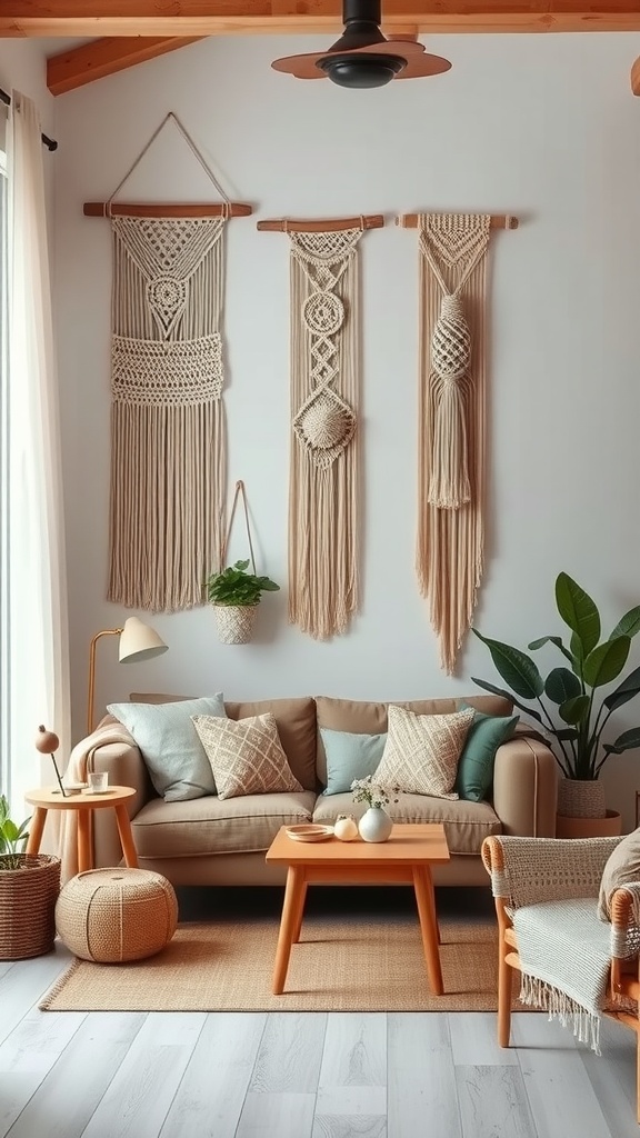 A bohemian living room featuring macrame wall hangings, a beige sofa, and natural decor elements.