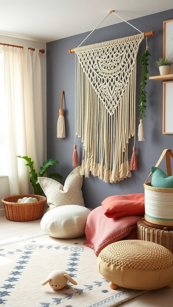 A cozy playroom featuring macramé hangings, colorful cushions, and playful decor.