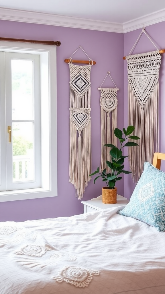 A cozy bedroom featuring macramé wall hangings on a purple wall, with a plant and decorative pillow on the bed.