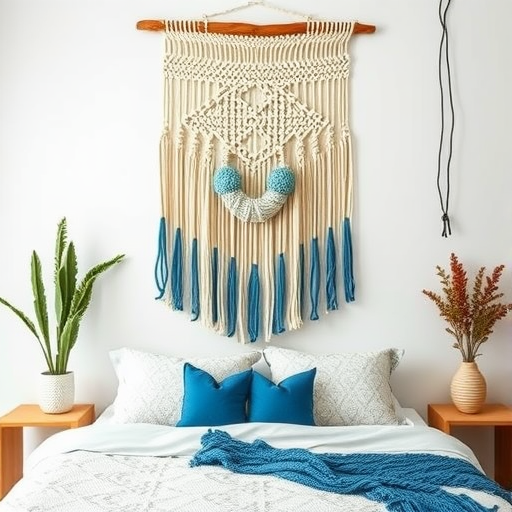 A macramé wall hanging with ocean hues above a bed with blue pillows and plants.