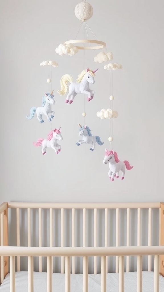 A colorful unicorn mobile hanging above a crib, featuring unicorns and clouds.