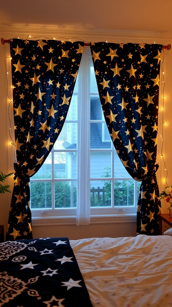 Cozy bedroom with star-patterned curtains and soft lighting