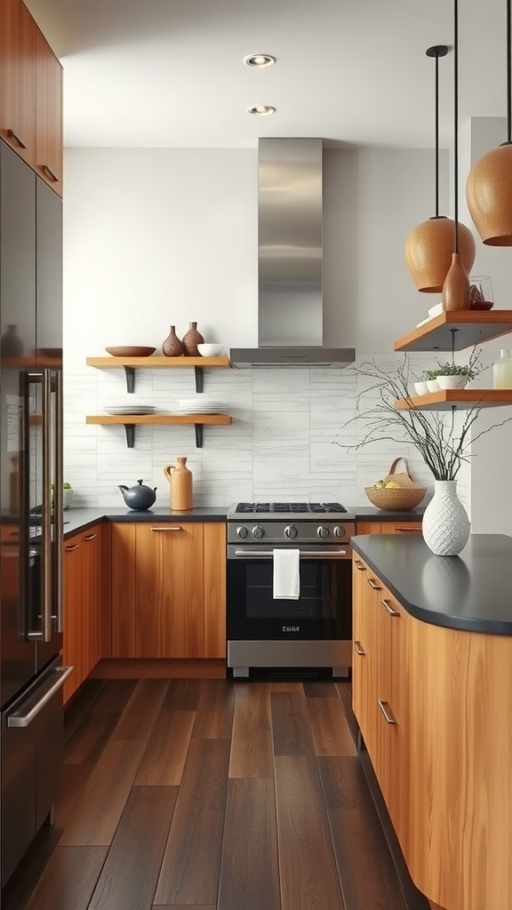 A modern kitchen featuring maple cabinets and dark chocolate countertops.