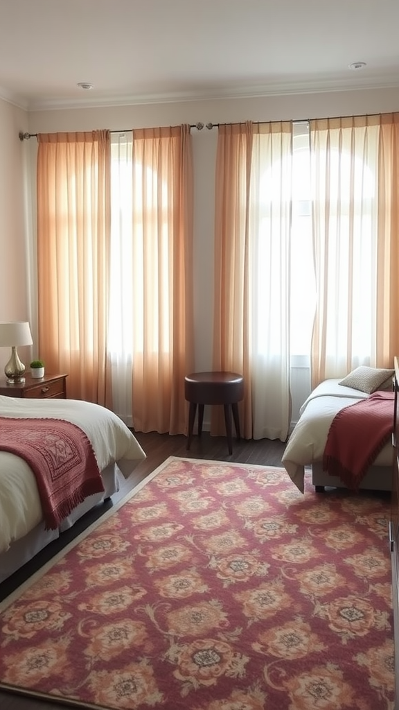 A cozy room featuring matching soft curtains and a decorative rug.