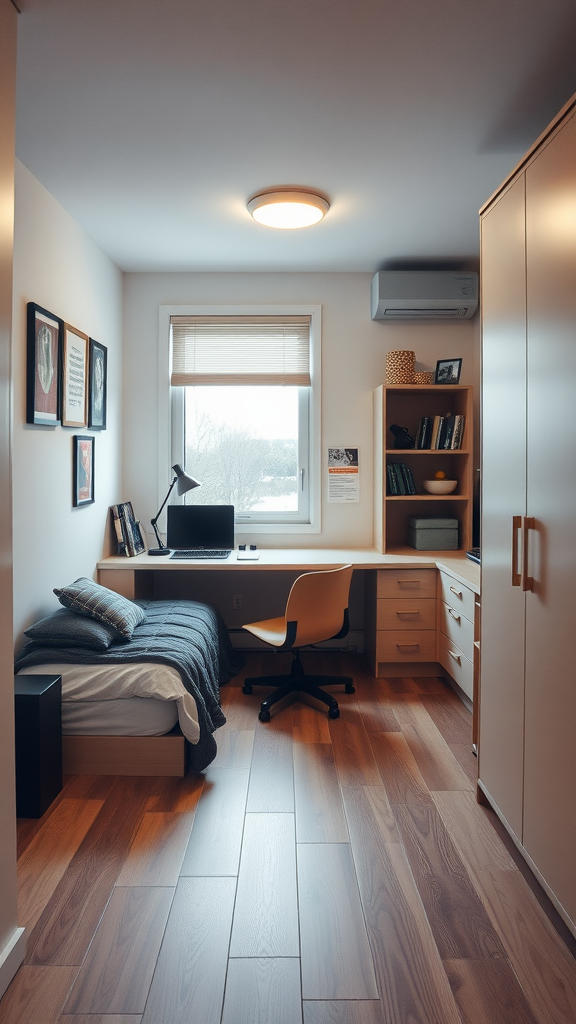 A tidy single dorm room with a bed, desk, and shelving, showcasing multi-functional furniture.