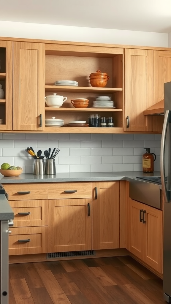 A spacious kitchen featuring hickory cabinets, showcasing open shelving and organized kitchenware.