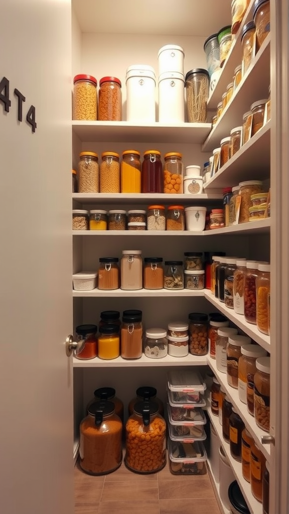 A well-organized corner kitchen pantry with various jars and containers neatly arranged on shelves.