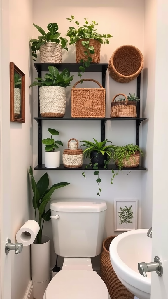 A small bathroom with vertical shelves filled with plants and decorative baskets.