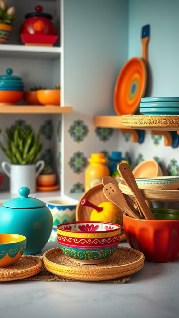 Colorful Mexican kitchenware including bowls, pots, and decorative items.