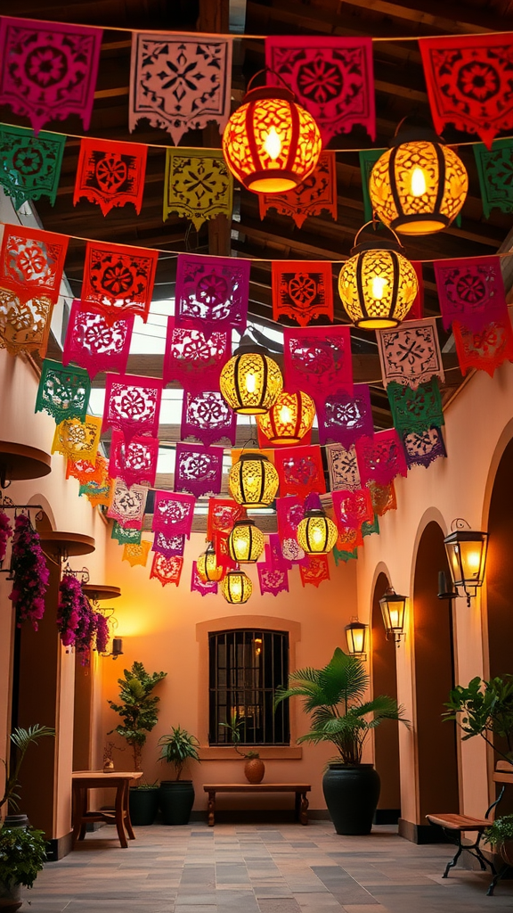 Colorful Mexican lanterns and papel picado decorations hanging in a hallway