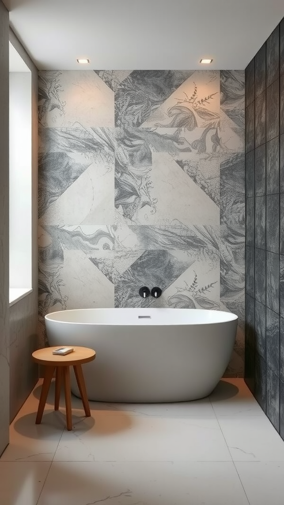 A modern bathroom featuring a microcement accent wall with artistic patterns, a freestanding bathtub, and a minimalist wooden stool.