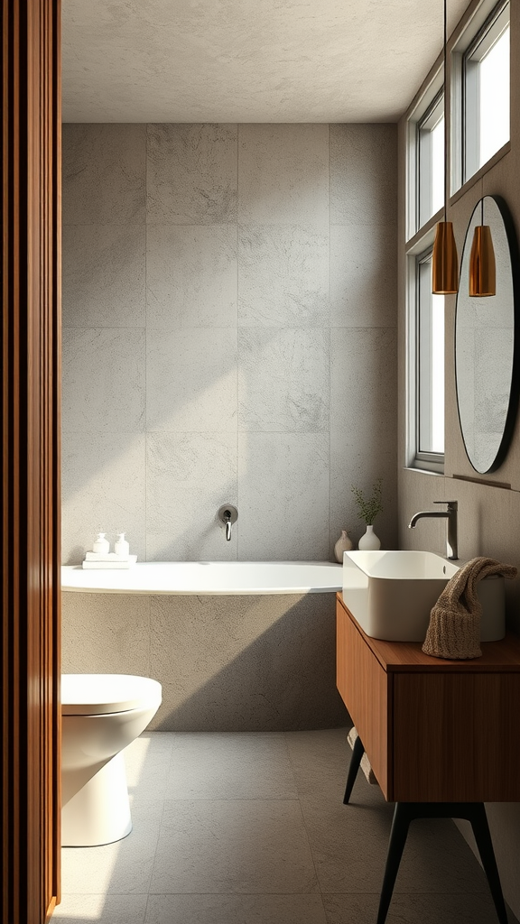 A modern bathroom featuring microcement walls and a wooden vanity, showcasing a sleek bathtub and natural light.