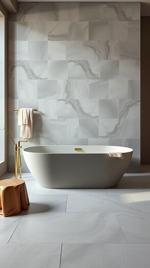 A modern bathroom featuring a freestanding tub surrounded by microcement walls and flooring.