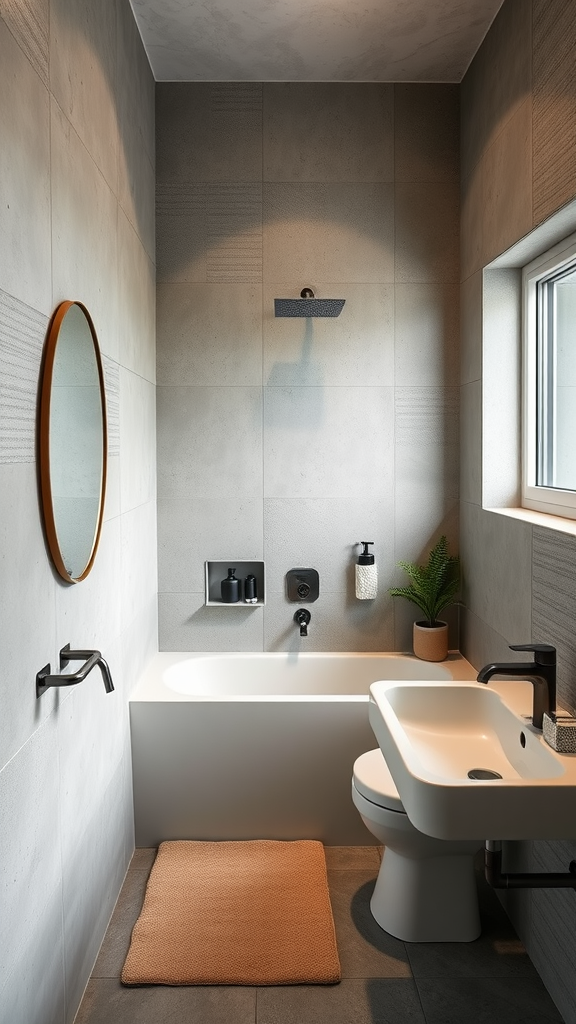 A contemporary guest bathroom featuring microcement walls, a bathtub, and stylish fixtures.