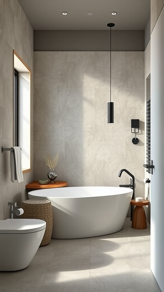 A modern spa-inspired bathroom featuring a microcement finish, a freestanding bathtub, and natural decor.