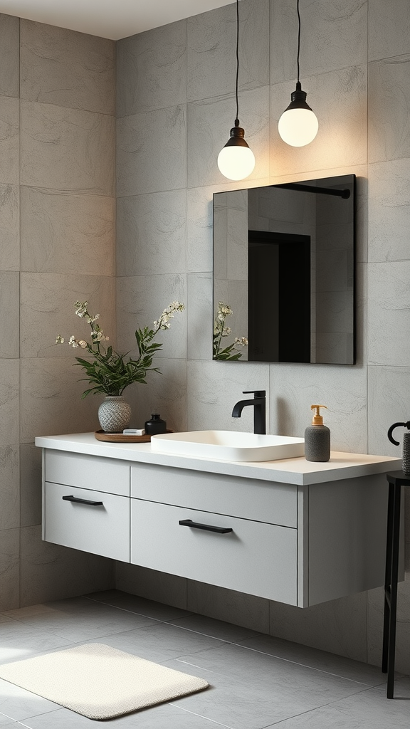 Stylish bathroom featuring a microcement vanity with an integrated sink, complemented by modern decor.