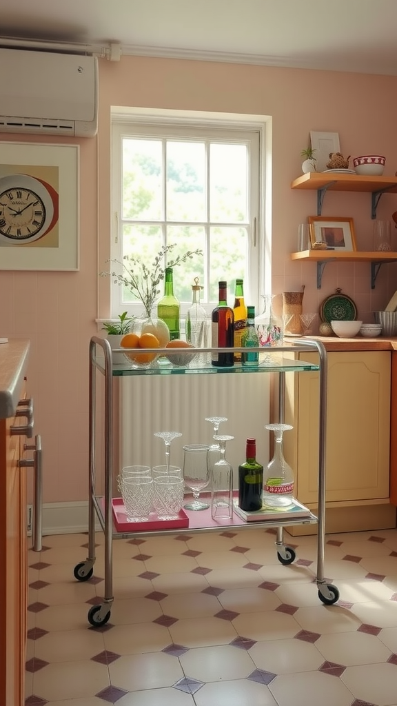 A stylish mid-century modern bar cart with drinks and glassware in a bright kitchen.