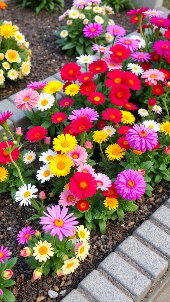 A vibrant display of miniature flowers in various colors, arranged in a flower bed.