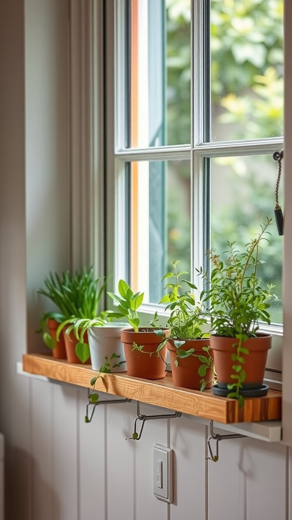 A cozy windowsill with various potted plants, creating a miniature gardening space.