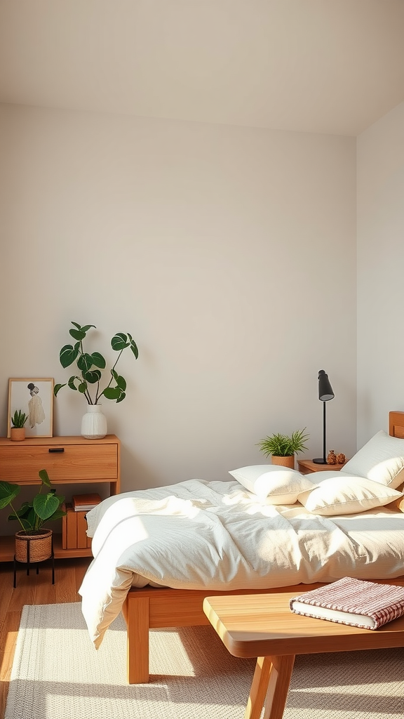 A minimalist bedroom featuring a wooden bed, soft bedding, plants, and natural light.