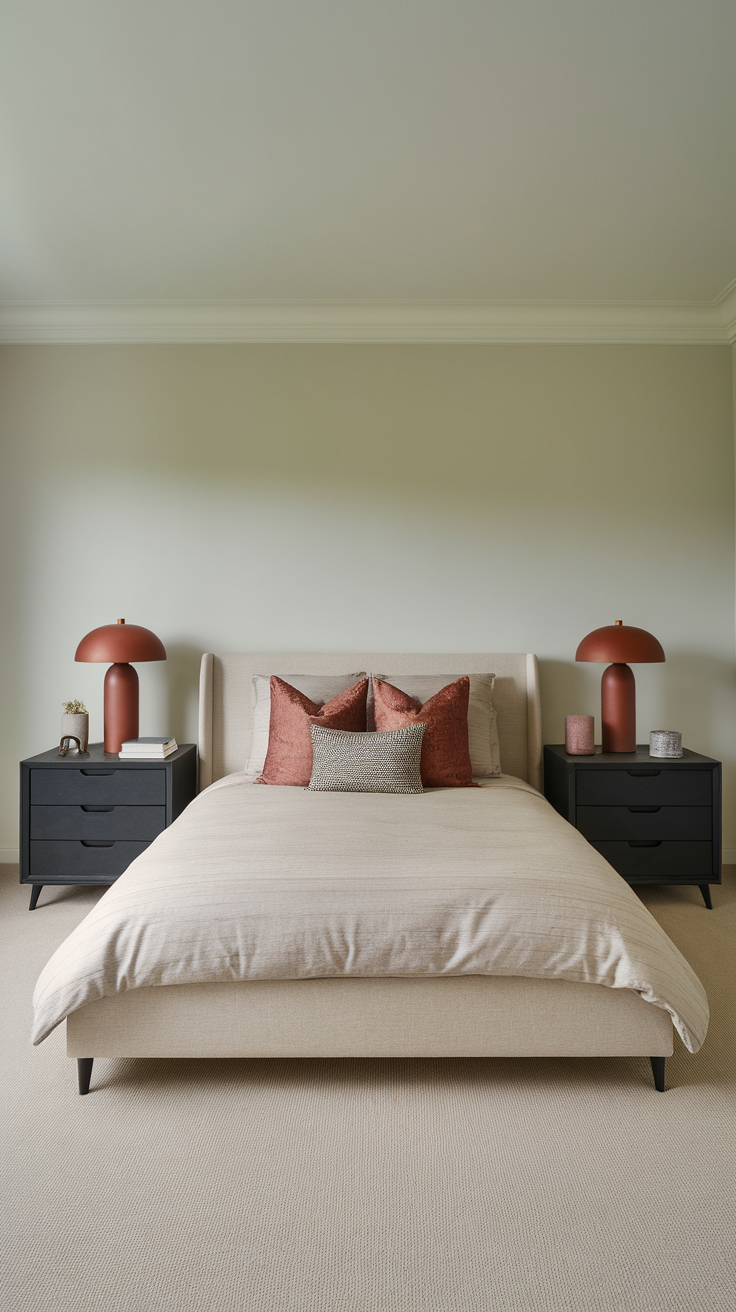 A modern bedroom featuring minimalist black nightstands with a stylish lamp and decorative items.