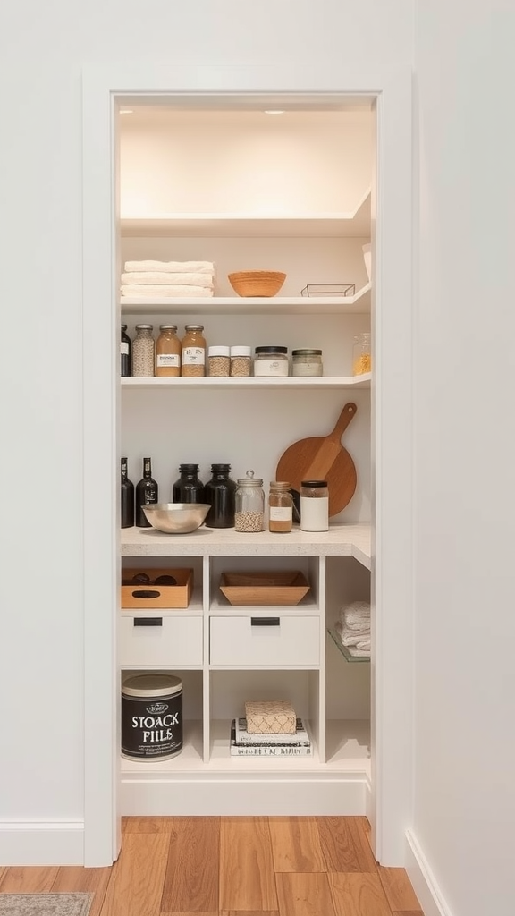 A minimalist corner kitchen pantry with organized shelves and neutral colors.