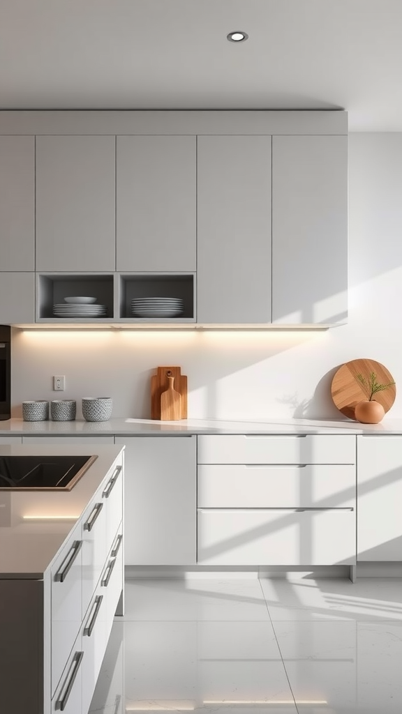 A modern minimalist kitchen with sleek white cabinets and a clean countertop.