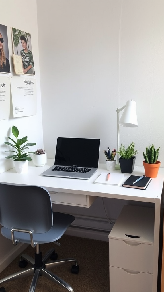 A minimalist desk setup featuring a laptop, stationery, and potted plants.