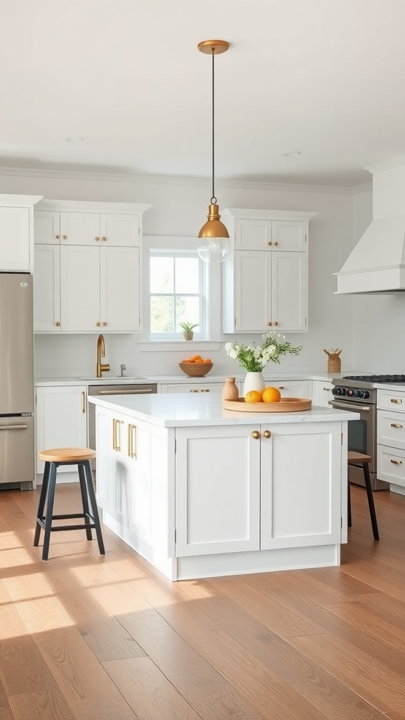 A modern minimalist farmhouse kitchen with a white island, wooden floors, and light fixtures.