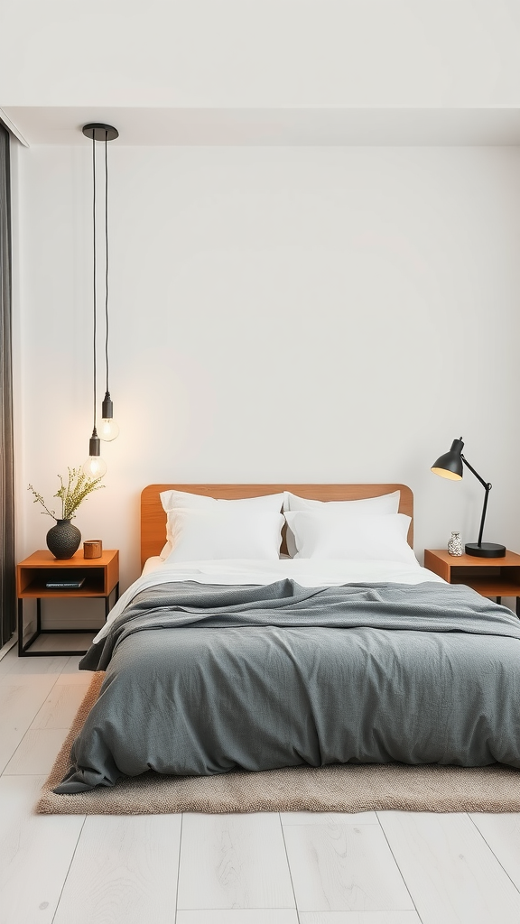 A minimalist bedroom with a simple pendant light and a sleek table lamp.