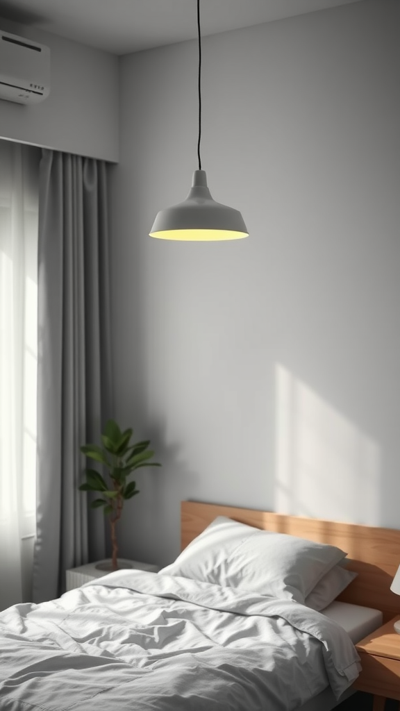 Minimalist pendant light hanging in a serene dorm room