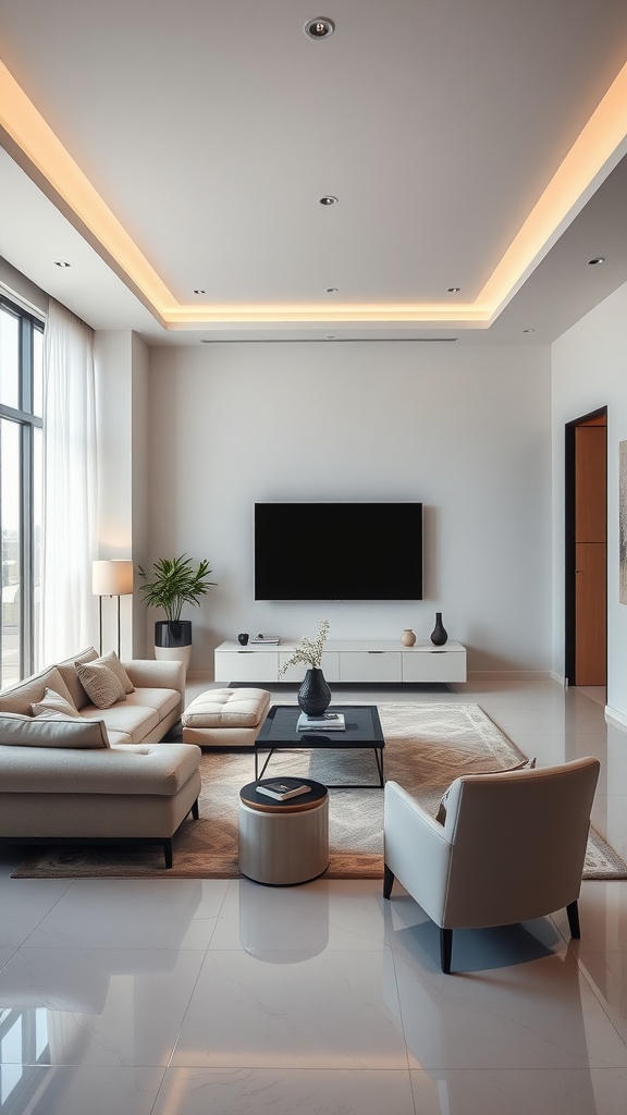 A modern minimalist living room with sleek furniture and a calm atmosphere.