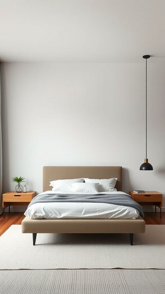 A minimalist modern bedroom featuring a neutral color scheme, a simple bed, and stylish nightstands.