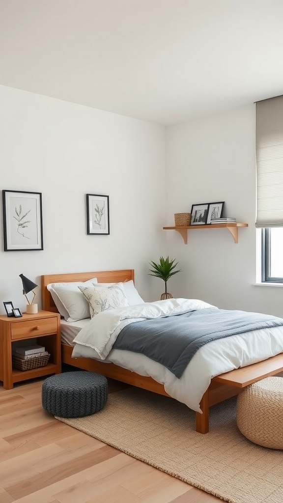 A minimalist modern bedroom with a wooden bed, simple decor, and natural light.