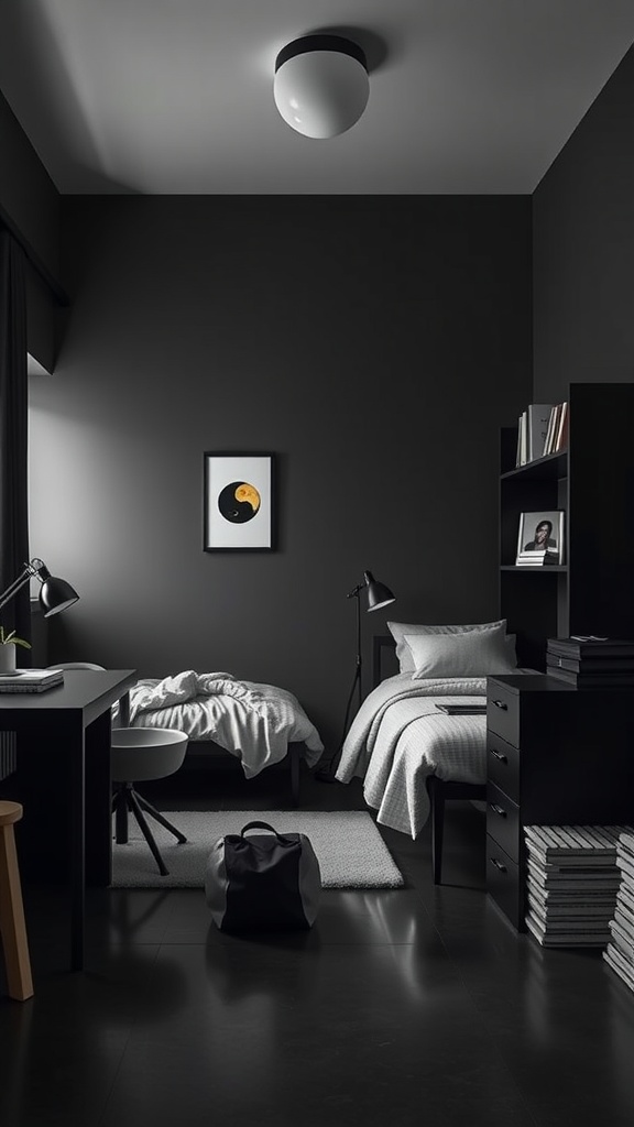 A minimalist black and gray dorm room with a bed, desk, and bookshelf.