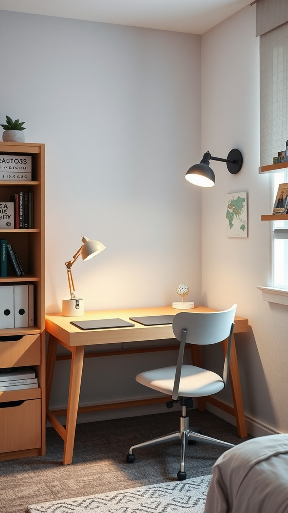 A minimalist study corner featuring a wooden desk, a white chair, and a shelf with books and decorative items.