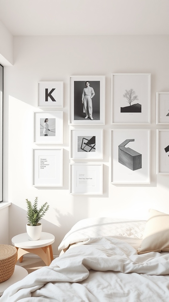 A minimalist dorm room wall featuring black and white art in white frames.