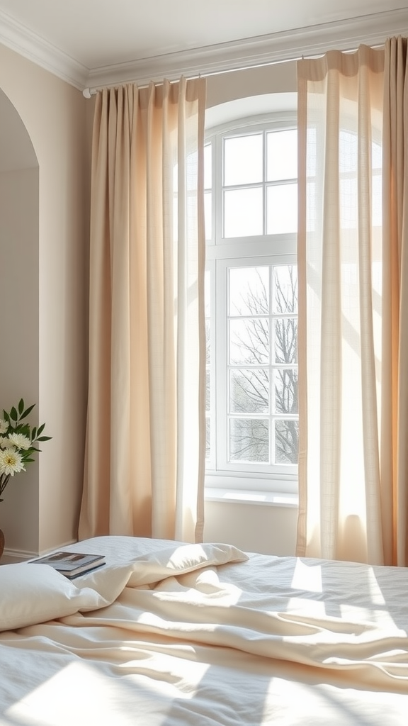 A cozy modern bedroom featuring light curtains and neutral decor.