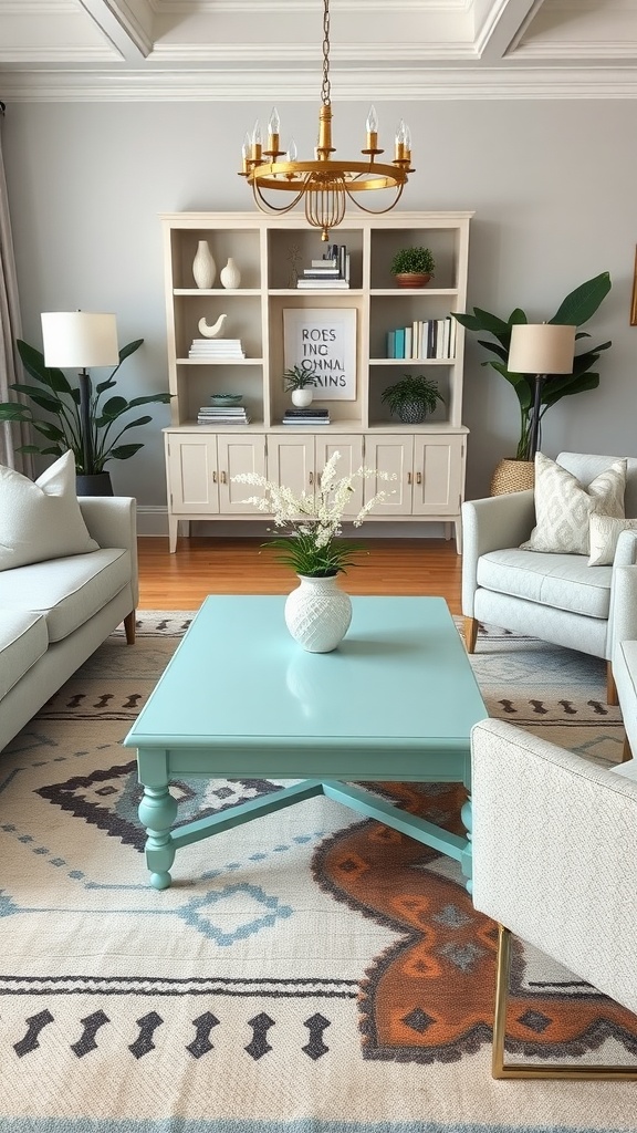 A mint green coffee table in a cozy living room setting with light-colored furniture and greenery.