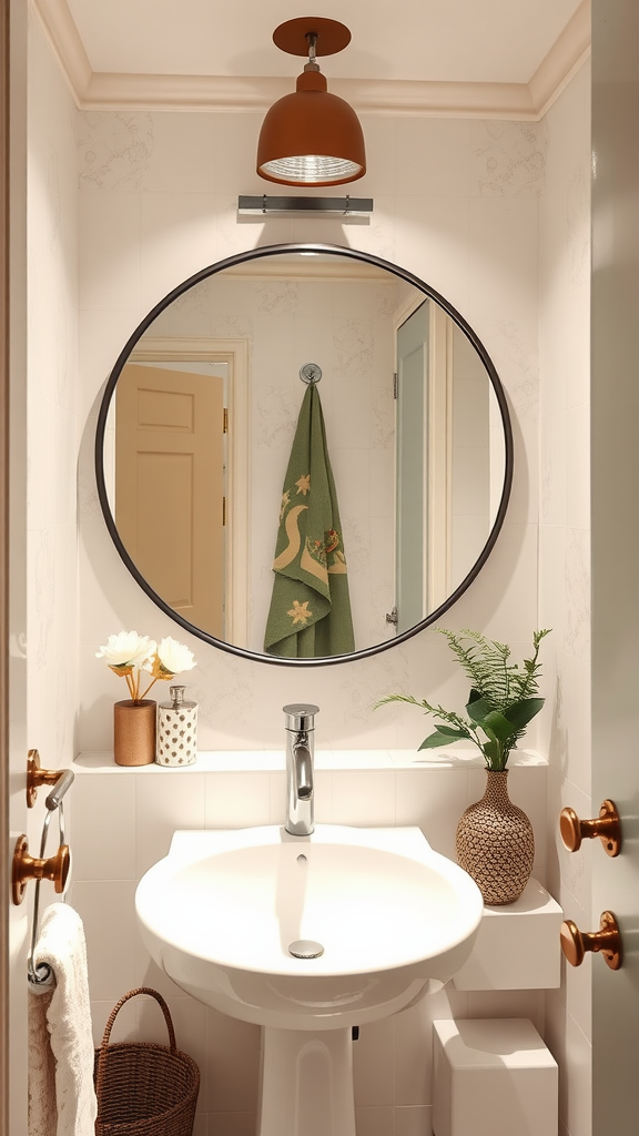 A cozy bathroom featuring a round mirror, stylish fixtures, and decor elements.