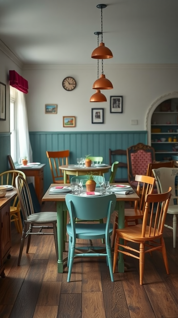 A cozy dining area with mismatched chairs and tables in various colors.