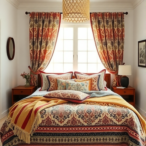 A beautifully decorated bedroom featuring a mix of patterned curtains, bedspread, and pillows.