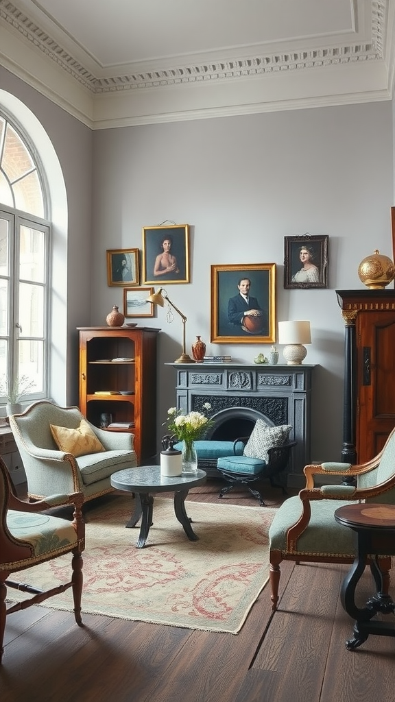 A cozy living room featuring a blend of vintage and modern furniture with framed portraits on the walls.