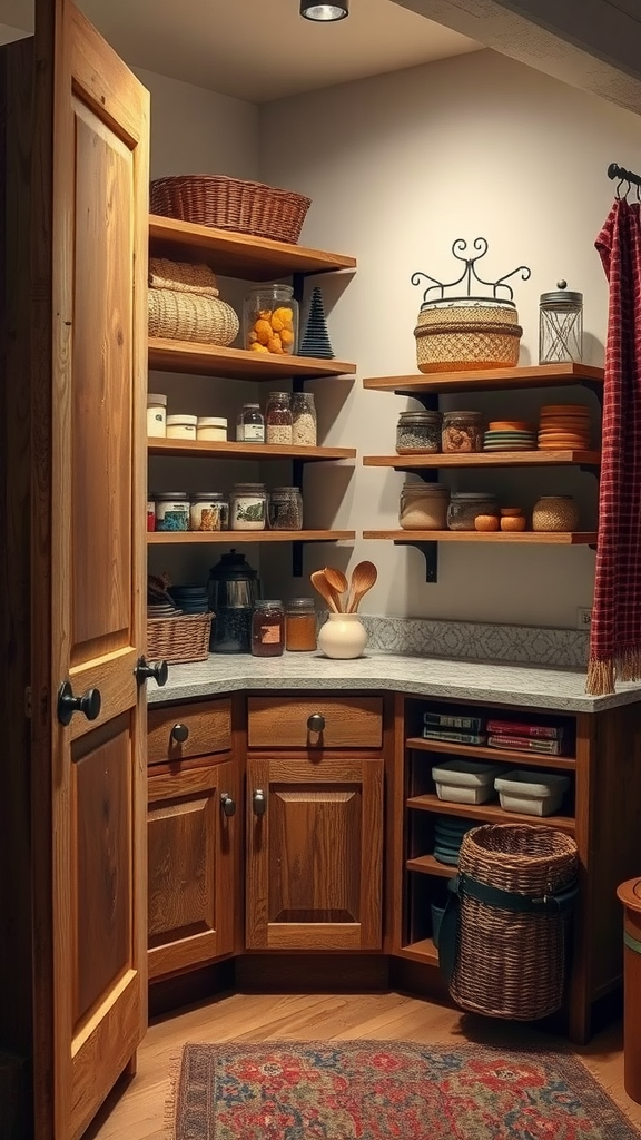 Corner kitchen pantry featuring wooden shelves, a marble countertop, and woven baskets.