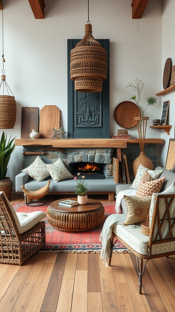 A rustic boho living room featuring mixed materials such as wood, textiles, and woven decor.